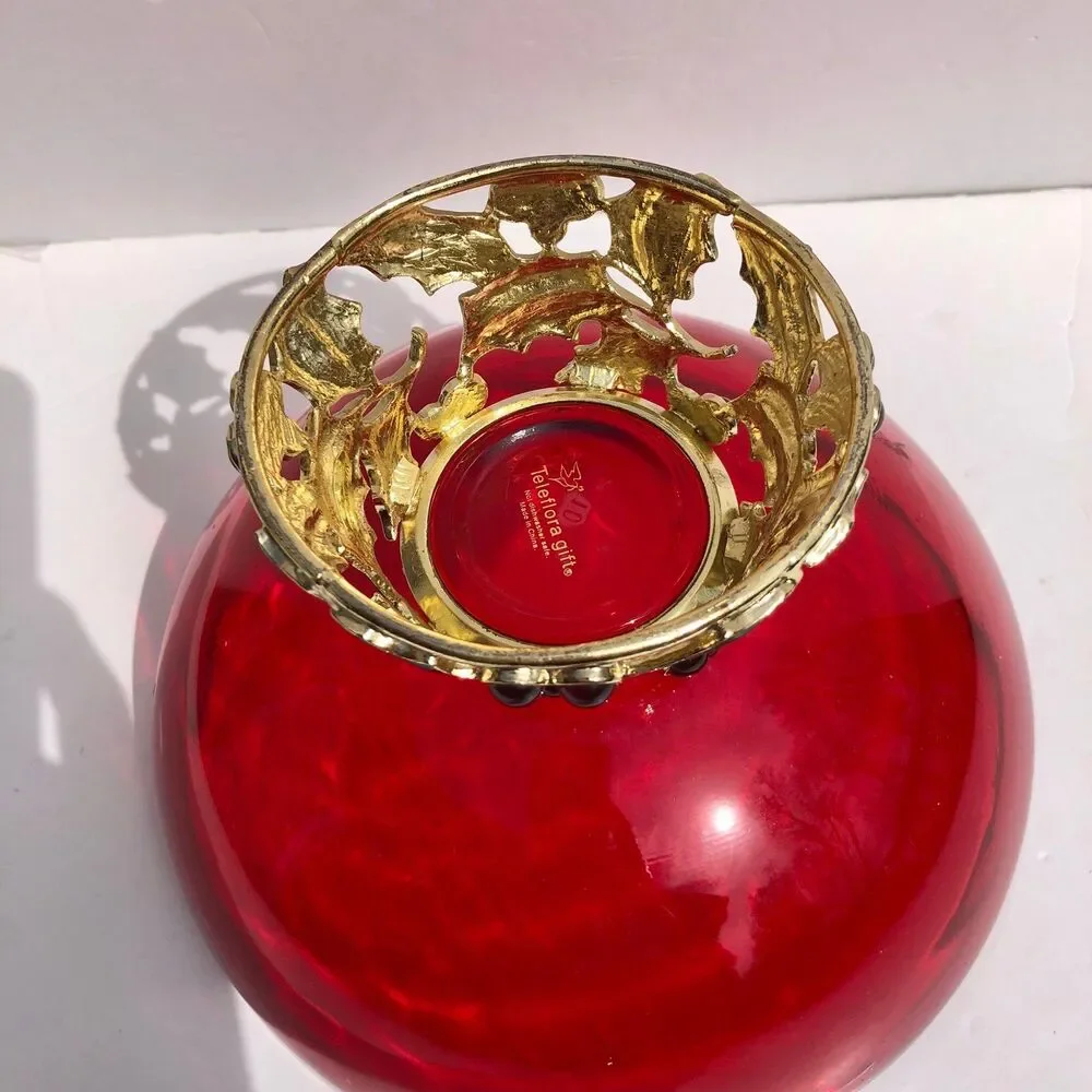 Vintage Ruby Red Glass Holly Berry Christmas Candy Bowl Teleflora Gift footed